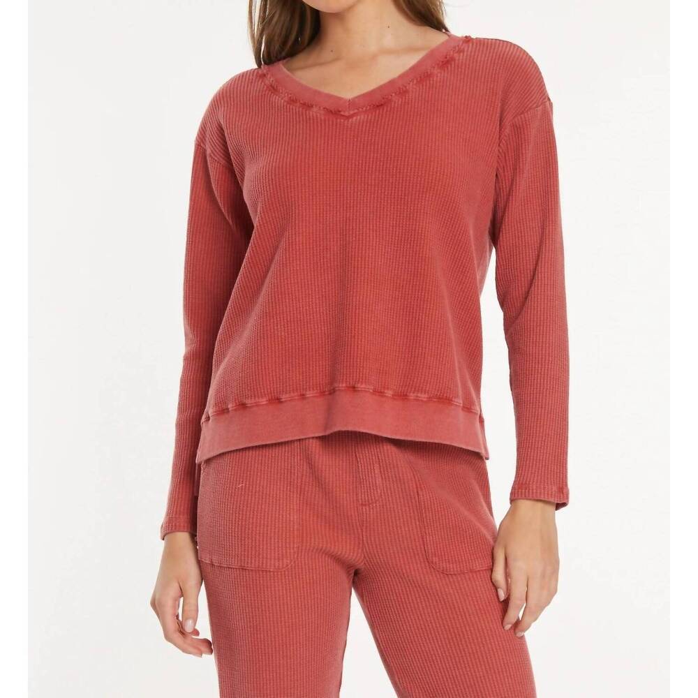 NEW MODODOC open v-neck waffle top in spiced cider